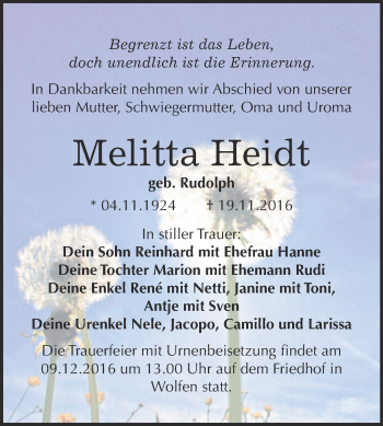Traueranzeige von Melitta Heidt von WVG - Wochenspiegel Bitterfeld