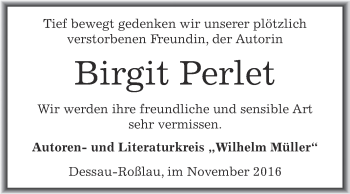 Traueranzeige von Birgit Perlet von WVG - Wochenspiegel Dessau / Köthen