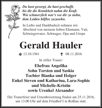 Traueranzeige von Gerald Hauler von WVG - Wochenspiegel Dessau / Köthen
