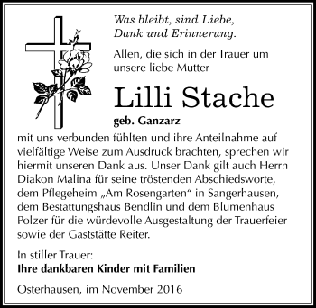 Traueranzeige von Lilli Stache von Mitteldeutsche Zeitung Mansfelder Land