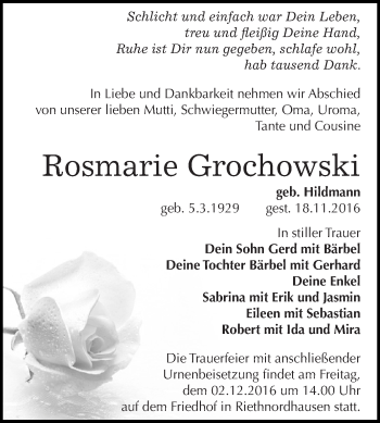 Traueranzeige von Rosmarie Grochowski von Super Sonntag SGH Mansf. Land