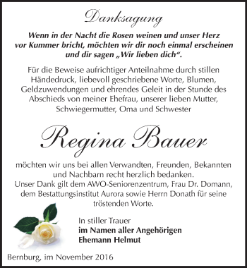 Traueranzeige von Regina Bauer von Mitteldeutsche Zeitung Bernburg