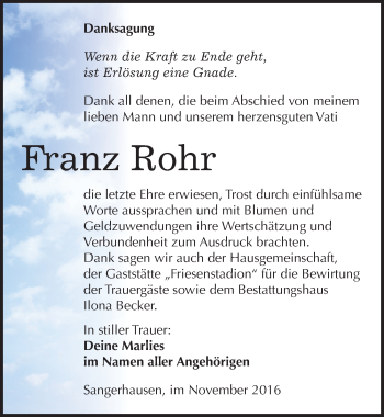 Traueranzeige von Franz Rohr von Mitteldeutsche Zeitung Sangerhausen