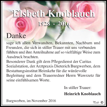 Traueranzeige von Elsbeth Knoblauch von WVG - Wochenspiegel NMB / WSF / ZTZ