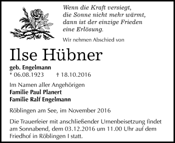 Traueranzeige von Ilse Hübner von Mitteldeutsche Zeitung Mansfelder Land