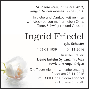 Traueranzeige von Ingrid Friedel von WVG - Wochenspiegel Bitterfeld