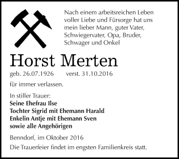 Traueranzeige von Horst Merten von Wochenspiegel Mansfelder Land