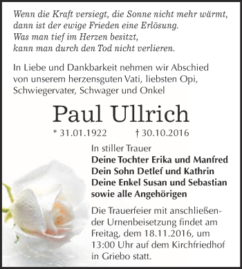 Traueranzeige von Paul Ullrich von Super Sonntag Wittenberg