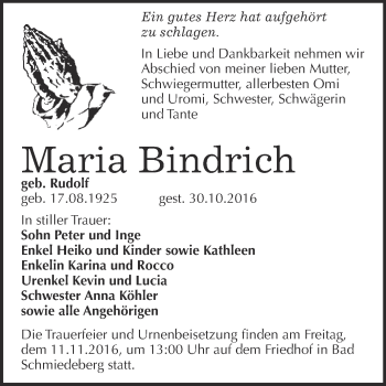 Traueranzeige von Maria Bindrich von WVG - Wochenspiegel Wittenberg