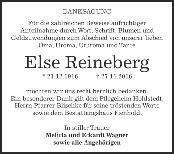 Traueranzeige von Else Reineberg von Super Sonntag SGH Mansf. Land