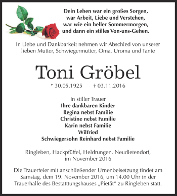 Traueranzeige von Toni Gröbel von Super Sonntag SGH Mansf. Land