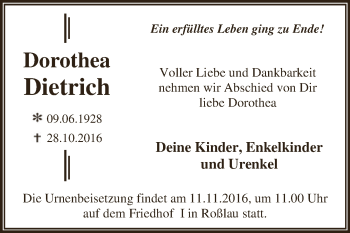 Traueranzeige von Dorothea Dietrich von WVG - Wochenspiegel Dessau / Köthen