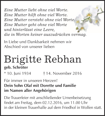 Traueranzeige von Brigitte Rebhan von WVG - Wochenspiegel Bitterfeld