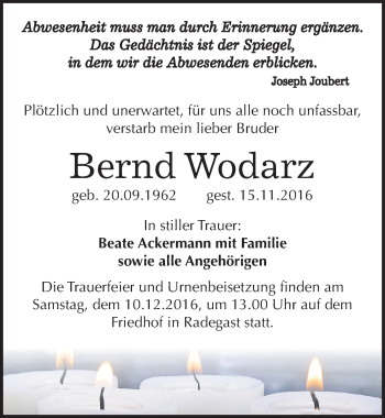 Traueranzeige von Bernd Wodarz von Mitteldeutsche Zeitung Köthen