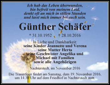 Traueranzeige von Günther Schäfer von Super Sonntag Aschersleben