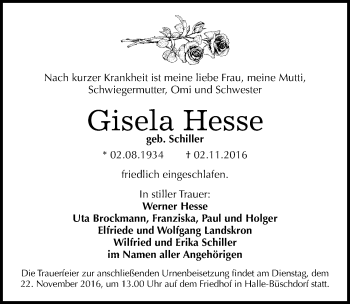 Traueranzeige von Gisela Hesse von Mitteldeutsche Zeitung Halle/Saalkreis