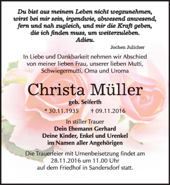 Traueranzeige von Christa Müller von Mitteldeutsche Zeitung