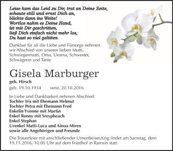Traueranzeige von Gisela Marburger von WVG - Wochenspiegel Bitterfeld