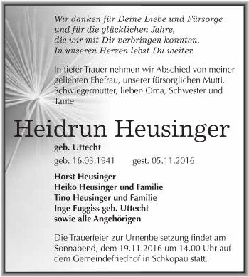 Traueranzeige von Heidrun Heusinger von WVG - Wochenspiegel Merseburg