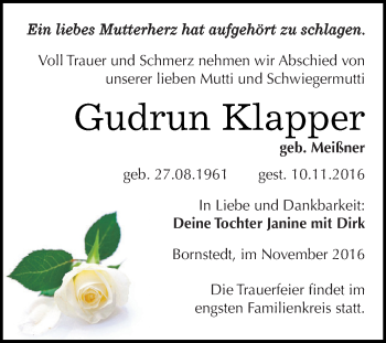 Traueranzeige von Gudrun Klapper von Super Sonntag SGH Mansf. Land