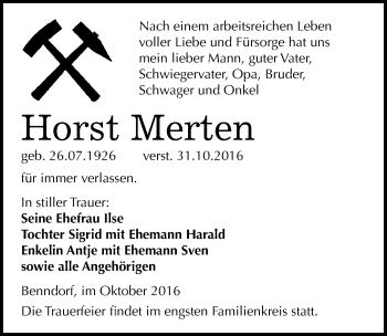 Traueranzeige von Horst Merten von Mitteldeutsche Zeitung Mansfelder Land