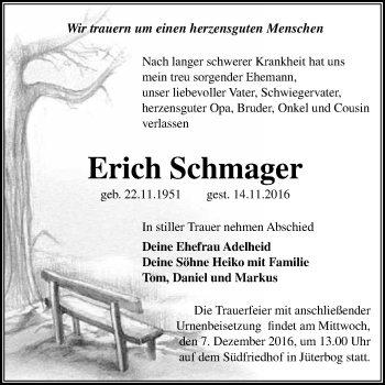 Traueranzeige von Erich Schmager von WVG - Wochenspiegel Wittenberg