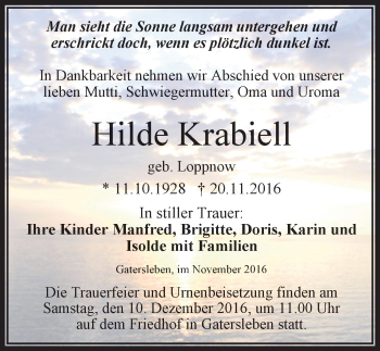 Traueranzeige von Hilde Krabiell von Mitteldeutsche Zeitung Aschersleben