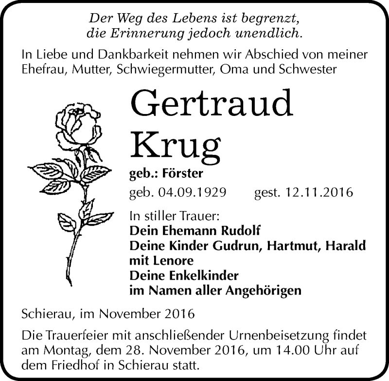  Traueranzeige für Gertraud Krug vom 19.11.2016 aus Mitteldeutsche Zeitung Bitterfeld