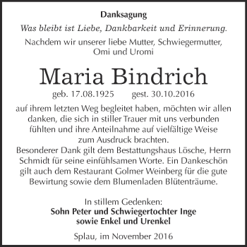 Traueranzeige von Maria Bindrich von WVG - Wochenspiegel Wittenberg