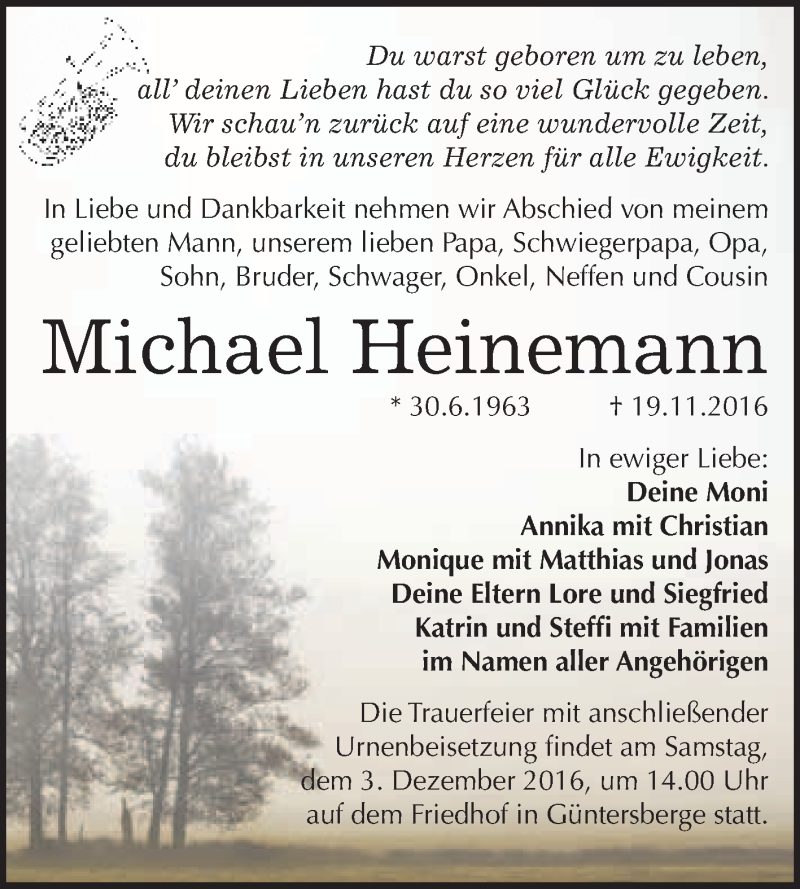  Traueranzeige für Michael Heinemann vom 26.11.2016 aus WVG - Wochenspiegel Quedlinburg