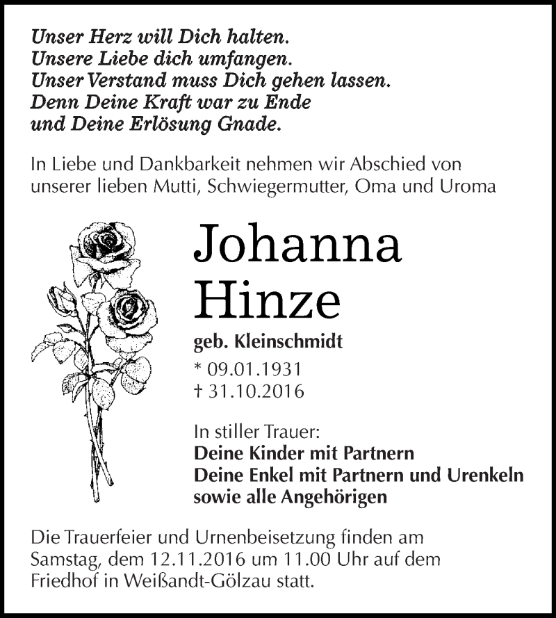  Traueranzeige für Johanna Hinze vom 05.11.2016 aus WVG - Wochenspiegel Dessau / Köthen