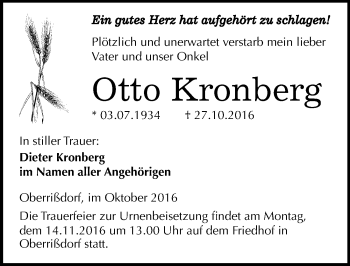 Traueranzeige von Otto Kronberg von Mitteldeutsche Zeitung Mansfelder Land