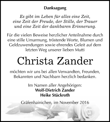Traueranzeige von Christa Zander von WVG - Wochenspiegel Wittenberg