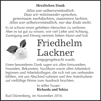 Traueranzeige von Friedhelm Lackner von Super Sonntag Merseburg