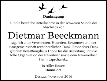 Traueranzeige von Dietmar Beeckmann von Mitteldeutsche Zeitung Dessau-Roßlau
