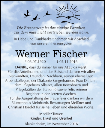 Traueranzeige von Werner Fischer von Super Sonntag SGH Mansf. Land