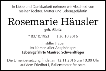 Traueranzeige von Rosemarie Häusler von WVG - Wochenspiegel Dessau / Köthen