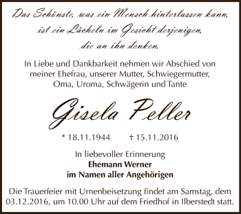 Traueranzeige von Gisela Peller von Super Sonntag Bernburg