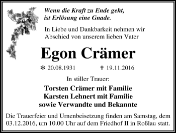 Traueranzeige von Egon Crämer von Mitteldeutsche Zeitung Dessau-Roßlau