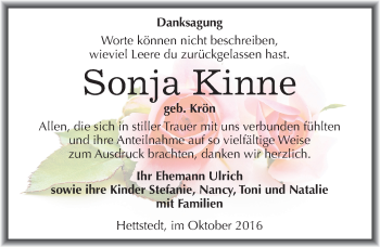 Traueranzeige von Sonja Kinne von Mitteldeutsche Zeitung Mansfelder Land