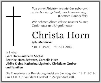 Traueranzeige von Christa Horn von Mitteldeutsche Zeitung Halle/Saalkreis