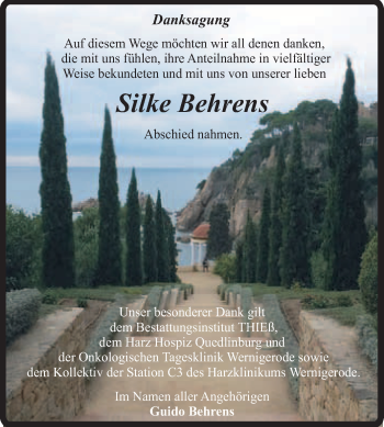 Traueranzeige von Silke Behrens von Super Sonntag Quedlinburg