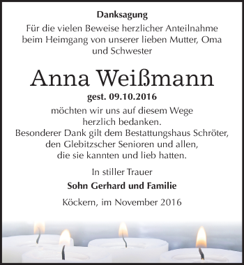 Traueranzeige von Anna Weißmann von Mitteldeutsche Zeitung Bitterfeld