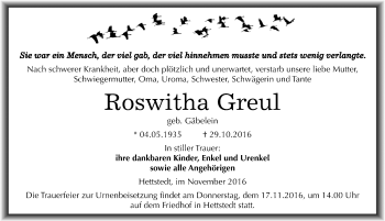 Traueranzeige von Roswitha Greul von Mitteldeutsche Zeitung Mansfelder Land