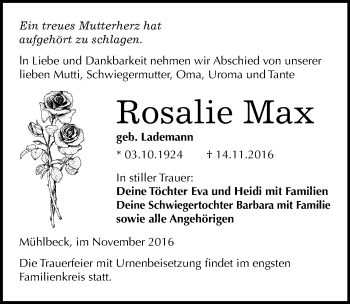 Traueranzeige von Rosalie Max von Mitteldeutsche Zeitung Bitterfeld