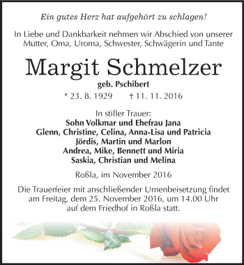 Traueranzeige von Margit Schmelzer von Mitteldeutsche Zeitung Sangerhausen