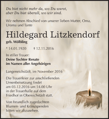 Traueranzeige von Hildegard Litzkendorf von Mitteldeutsche Zeitung Merseburg/Querfurt