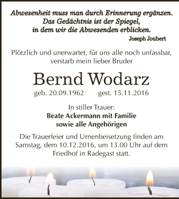 Traueranzeige von Bernd Wodarz von WVG - Wochenspiegel Dessau / Köthen