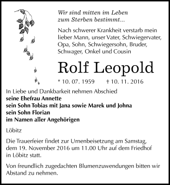 Traueranzeige von Rolf Leopold von Mitteldeutsche Zeitung Naumburg/Nebra