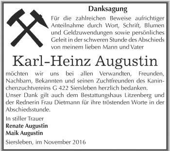 Traueranzeige von Karl-Heinz Augustin von Wochenspiegel Mansfelder Land
